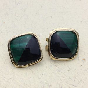 Vintage Modernist Malachite Onyx Pierced Earring 925 Sterling Silver